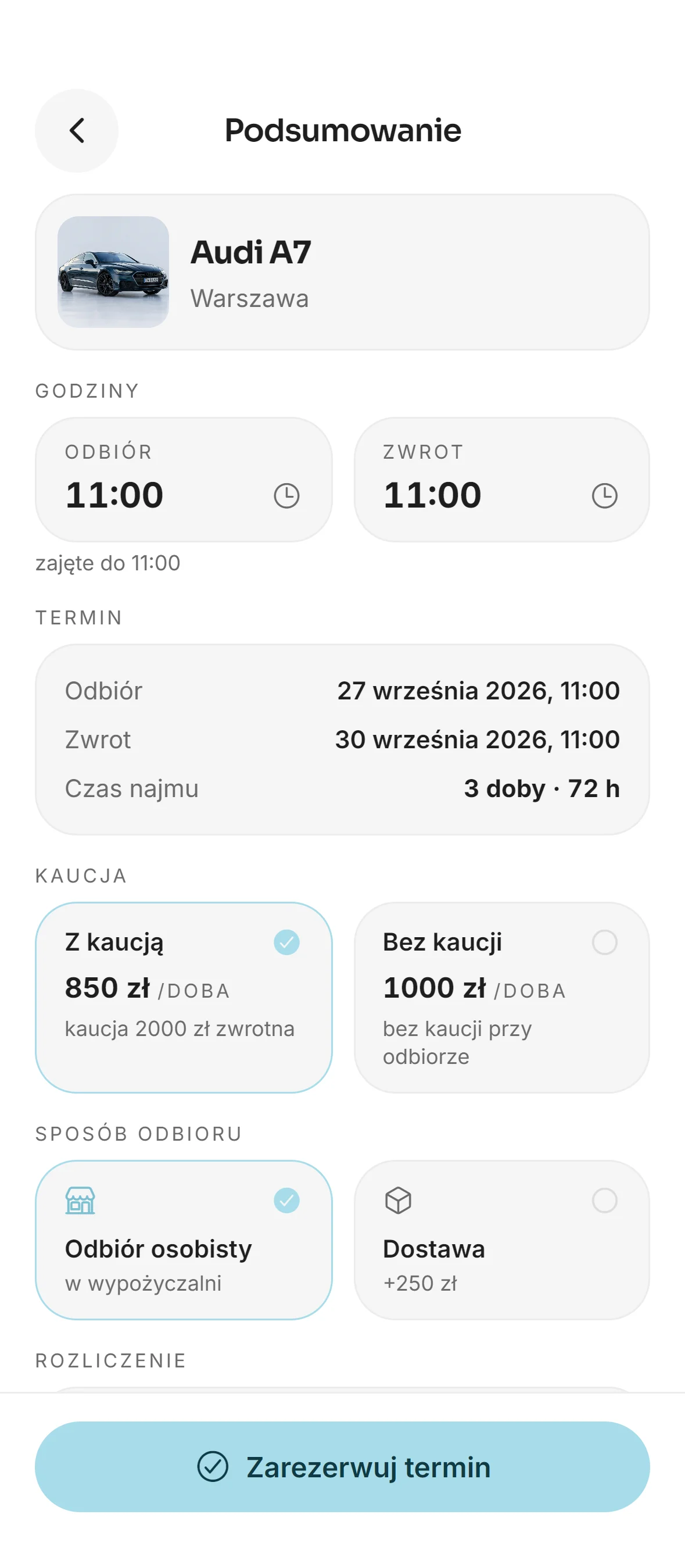 Aplikacja Getoro: podsumowanie kosztów rezerwacji