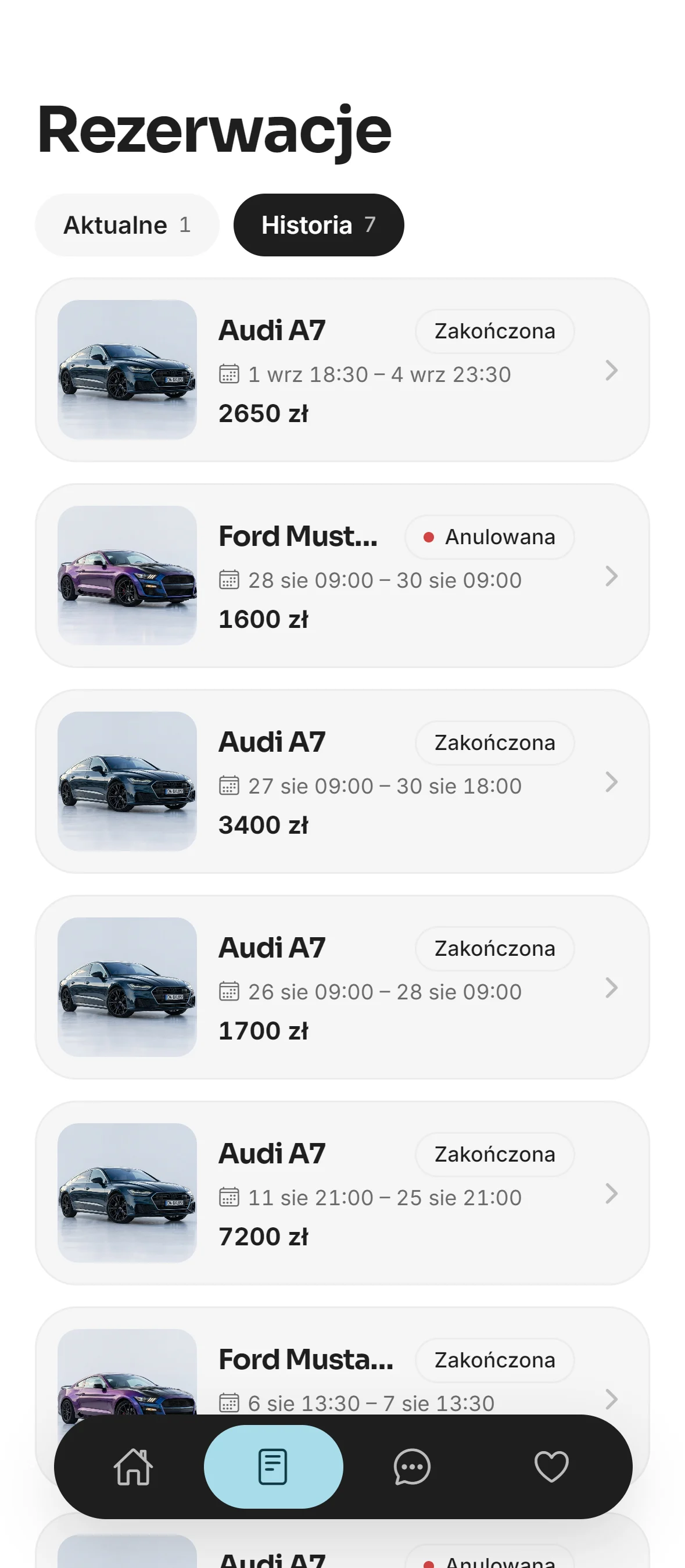 Aplikacja Getoro: lista rezerwacji ze statusami